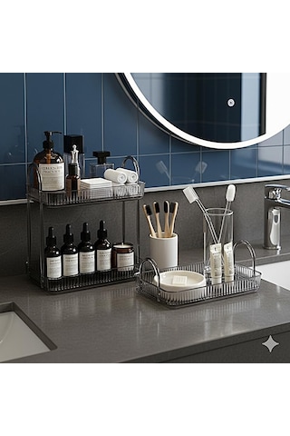 Banyo Düzenleyici Organizer Banyo Rafı Duman Gri, Tek + İki Katlı Set Açık Ahşap