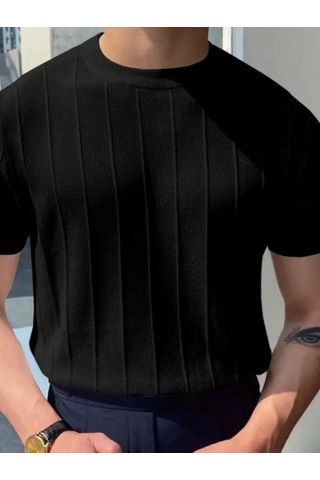 Efnaz Style Erkek Kısa Kollu Bisiklet Yaka Çizgili Triko Tişört Siyah