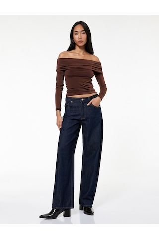 Koton Slim Fit Uzun Kollu Drapeli Omzu Açık Tişört Kahverengi 6wak80032ek Kahve