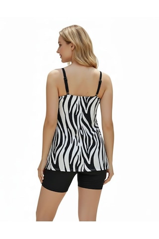 Donlaritta Büyük Beden Toparlayıcı Desenli Göğüs Pedli Tankini Taytlı Takım 44-46-48-50-52-54-56-58-60 Beden Beyaz - Siyah