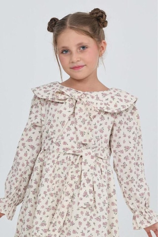 Kız Çocuk Fiyonk Yakalı Bel Kuşaklı Çiçek Desenli Kloş Etekli Elbise 12301 Pudra