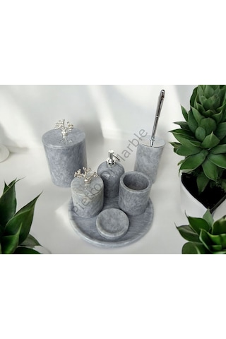 Gri Mermer Klasik Model 7 Parça Gümüş Renk Mercan Aksesuarlı Banyo Seti Gri