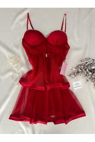 Mh Moony Homewears Kutulu Kıpkırmızı Kadife Lüks Taş Detay Gecelik Kırmızı