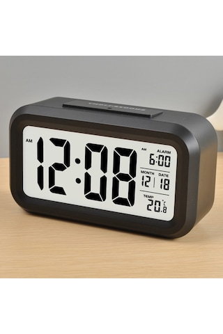 Lcd Işıklı Sensörlü Termometreli Alarmlı Dijital Masa Saati + Pil (253622563)