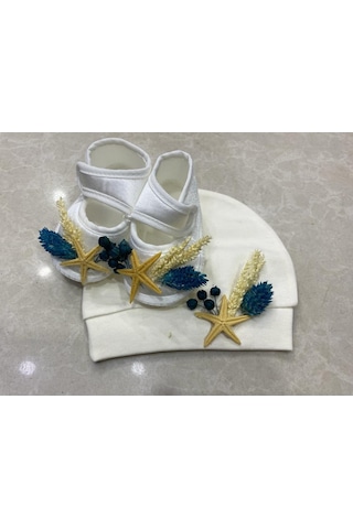 Lohusa Terlik Taç Anne Bebek  Takımı Petrol Mavi Kuru Çicek  Taç