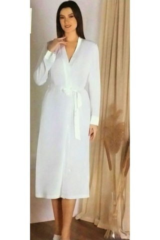 Saten Detaylı Bağlamalı Uzun Sabahlık Ekru