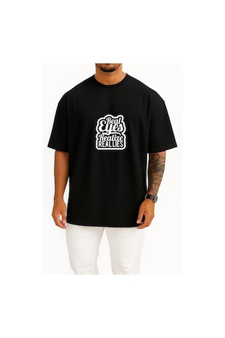 Bahriyeli Collection Oversize Gerçek Gözler Gerçek Yalanları Fark Eder Göğüs Baskılı Unisex T-shirt Siyah