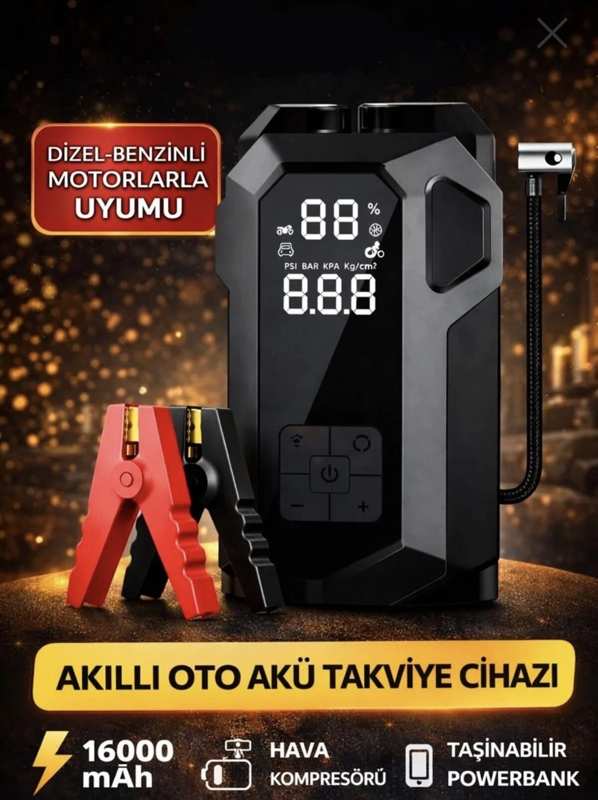 16000mah Akıllı Akü Takviye Cihazı Kompresörlü 4 Ü 1 Arada Jump Starter Yeni Nesil