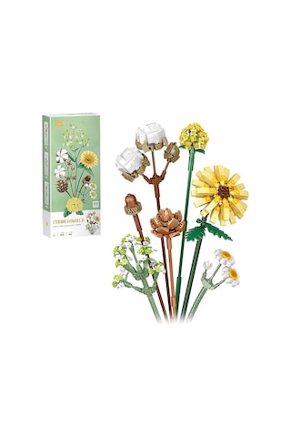 Fun4kid Mini Bloklar Çiçek Buketi Yapı Setleri, Yapay Çiçekler, Yapı Taşları, Dekorasyon, Ev, 646 Adet, Yetişkinler İçin Botanik Koleksiyonu Pamuk/çam Kozalakları/gerbera/craspedia 20beyazcipso