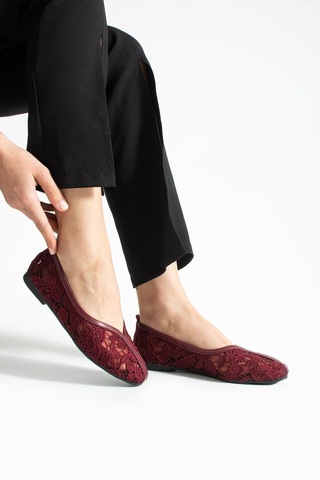 Dabab Shoes Florıa Dantel Kadın Bordo Düz Babet Dantel Dokuma Çiçek Desenli Zarif Günlük Ayakkabı