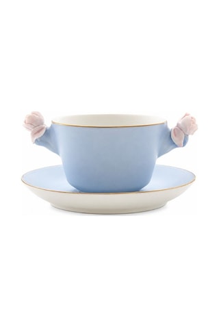 Villari Baby Blue-pink Çay Fincanı & Tabağı İtalyan El Yapımı Porselen, Lüks Koleksiyon Mavi