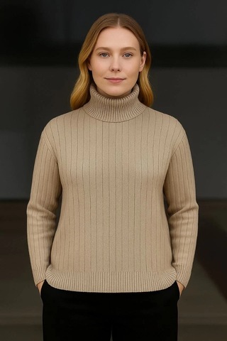 Kadın Balıkcı Yaka Bağazlı Triko Kazak Pamuklu Kalın Fitilli Dokuma - Bej Bej