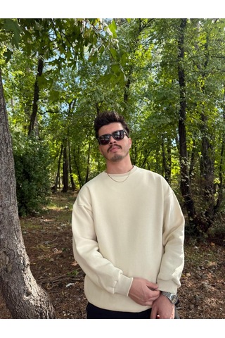 Erkek Oversize Bisiklet Yaka Basic Sweatshirt Ekru