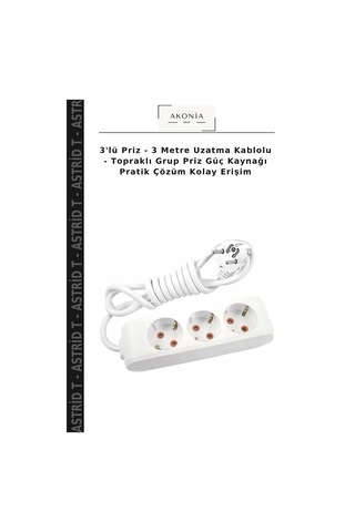 3'lü Priz - 3 Metre Uzatma Kablolu - Topraklı Grup Priz Güç Kaynağı Pratik Çözüm Kolay Erişim