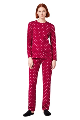 Ersefa Kadın Puantiye Ve Kalp Baskılı Örme Pijama Takımı Fonksiyonel Day bordo