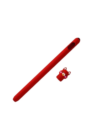 Apple Pencil Pro / 2.nesil Uyumlu Koruyucu Silikon Kılıf Kaydırmaz Sevimli Kedi Figürlü Kalem Değildir Kırmızı