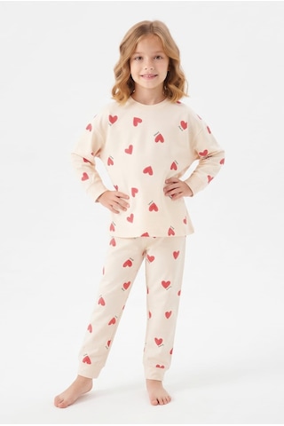 Bunny Hopp %100 Pamuk Süprem Kız Çocuk Pijama Takımı Krem Kırmızı Kalp Desenli Penye Uyku Seti