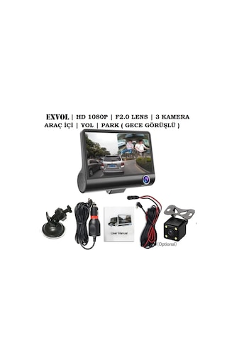 Fenomex 1080p Dash Cam Full Hd Araç İçi Kamera 3 Kamera Gece Görüşlü Büyük Ekran G Sensör Geniş Açı