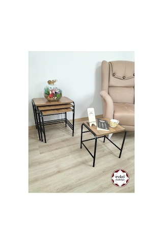 Evko Mobilya Buket Sehpa, 4'lü Zigon Sehpa, Servis Sehpası, Iç Içe Geçen Sehpa, Ahşap Sehpa, Dikdörtgen Sehpa Ceviz