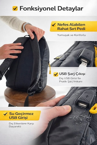 İmaks Küçük Boy İmperteks Su Geçirmez Usb Şarj Çıkışlı Unisex Günlük Şık Sırt Çantası Siyah Sarı Mb01 Siyah - Sarı