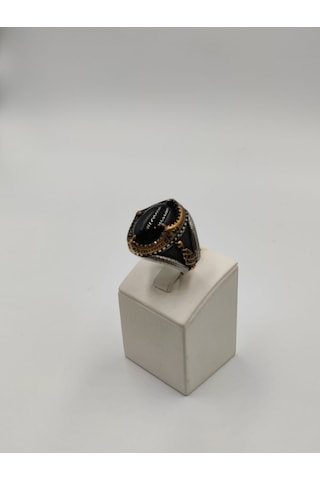 Siyah Taşlı Kapşon Kesim Erkek Yüzüğü 24 Mm 925 Ayar Gümüş Yüzük