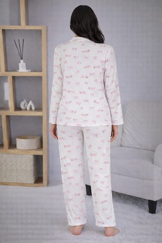 Pemilo Kadın 7117 Düğmeli Uzun Kol Pijama Takımı Beyaz