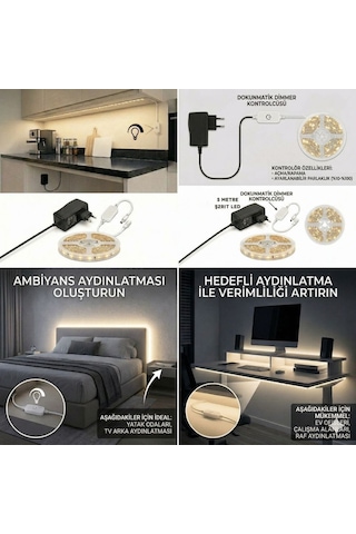 5 Metre Gün ışığı Şerit Led Işık Seti Dimmer Butonlu Ve Adaptörlü Mutfak Tezgahı, Raf Ve Tv Ünitesi Aydınlatma Gün Işığı