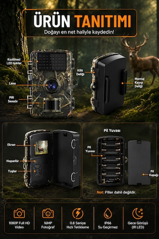 Nvg 1080p Full Hd Yaban Hayatı Kamerası Ip66 Su Geçirmez Fotokapan 16mp Gece Görüşlü Hareket Sensörlü Av Kamera 2.0" Lcd 0.8 Sn Tetikleme 32gb Tf Kart Destekli Sarı