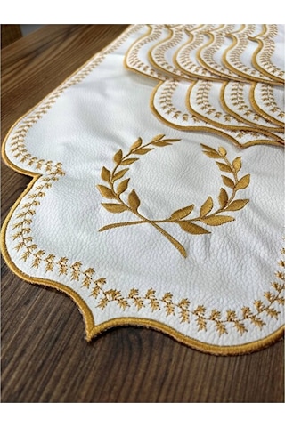 Mucit Home Amerikan Servis Ve Masa Örtüsü 6 Kişilik 19 Parça Runner Seti Nakışlı Yemek Sunum Takımı Beyaz - Gold