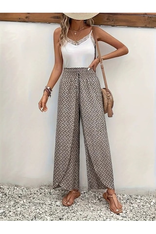 The İstanbul Kadın Yüksek Bel Lastikli Önden Iki Parçalı Desenli Bürümcük Pantolon Bej