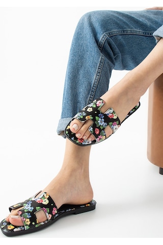 Dabab Shoes Florısa Kadın Çiçek Desenli H Bantlı Siyah Düz Taban Yazlık Terlik
