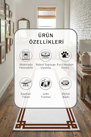 Klasik Beyaz Kahve Dijital Baskılı Kaymaz Yıkanabilir Yolluk