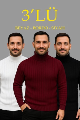 Barlashive Erkek Fitilli Kazak Tam Boğazlı Balıkçı Yaka Triko 3'lü Set Beyaz-bordo-siyah Çok Renkli