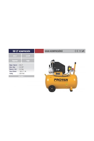 Proter 2 Hp 8 Bar 50 LT Yağlı Hava Kompresörü