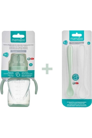Mamajoo Kulplu Eğitici Bardak 270 ML & İkili Beslenme Kaşığı Açık Yeşil