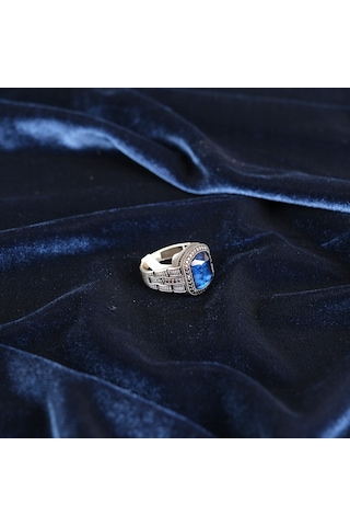 Safir Lacivert Ve Mikro Zirkon 925ayar Gümüş Erkek Yüzük