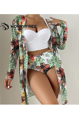 Kadın Yaz Baskılı Bikini Mayo Üç Parçalı Set - Beyaz - Wr409305