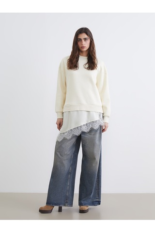 Lcw Vision Bej Dantel Detaylı Oversize Kadın Kalın Sweatshirt