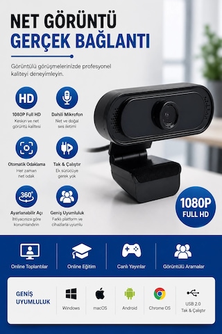 Webcam  1080p Hd Konferans Kamera Dahili Mikrofon Görüntülü Sohbet Yayın Kamerası Hd Video Ae