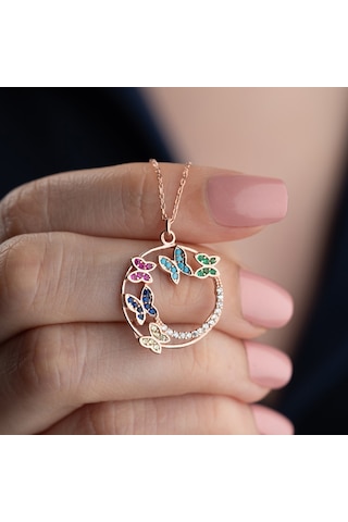 Vaoov 925 Ayar Gümüş Renkli Taşlı Rose Kelebek Kolye Rose
