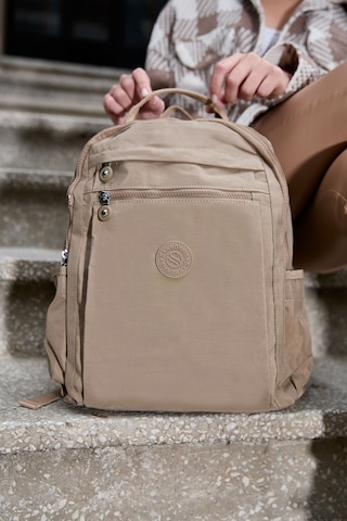 Sanmorris Unisex Suya Dayanıklı Krinkıl Kumaş Çok Gözlü Bej Laptop Okul Ve Sırt Çantası Bej