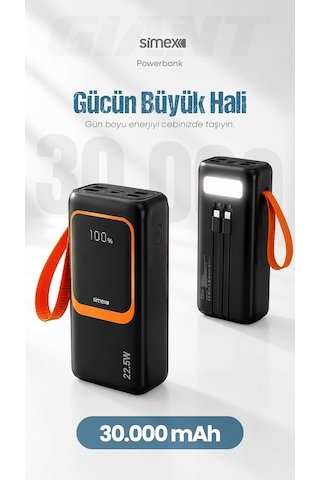 30.000 Mah 22.5w Hızlı Şarj Kablolu Pd Powerbank Led Fener Ve Dijital Göstergeli Taşınabilir Cihazı