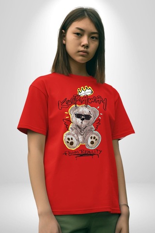 Gerçeklikten Uzak Tutun Pamuklu Bisiklet Yaka Unisex Oversize Boyfriend Dijital Baskılı Kırmızı T-shirt Kırmızı
