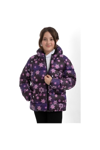 Kız Çocuk Mor Kar Tanesi Desen İçi Polar Su Ve Rüzgar Geçirmez Kapüşonlu Cepli Şişme Kışlık Mont Mor