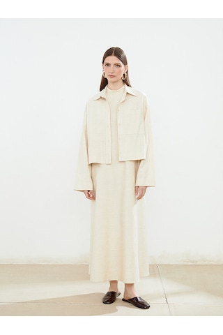 Lcw Modest Ekru Oversize Keten Karışımlı Kadın Gömlek