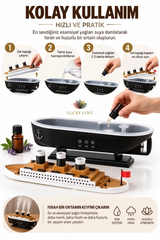 Gemi Tasarımlı 250 Ml Led Işıklı Aromaterapi Hava Nemlendirici Buhar Makinesi Uzaktan Kumandalı Zaman Ayarlı
