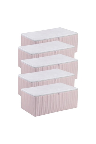 Pembe Çizgili Medium Baza Çekyat Altı 5 Adet Hurç 50x30x20cm Pembe