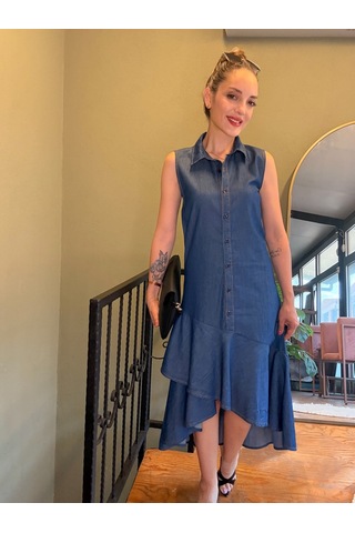 Ali Butik Koyu Mavi Düğmeli Elbise