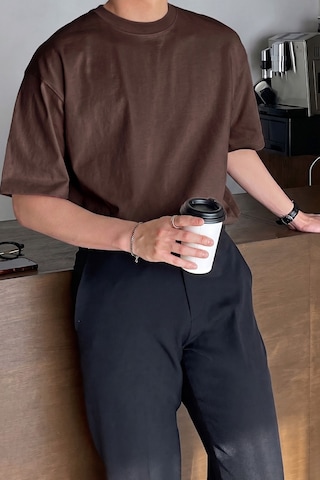 Genius Store Erkek Oversize Tişört Pamuk Kumaş Bisiklet Yaka Rahat Kalıp T-shirt Kahverengi