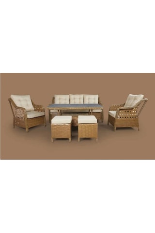 Menekşe 3+1+1+2puf+masa Rattan Bahçe Balkon Mobilyası, 7 Kişilik Bahçe Takımı Ceviz-krem Ceviz - Krem